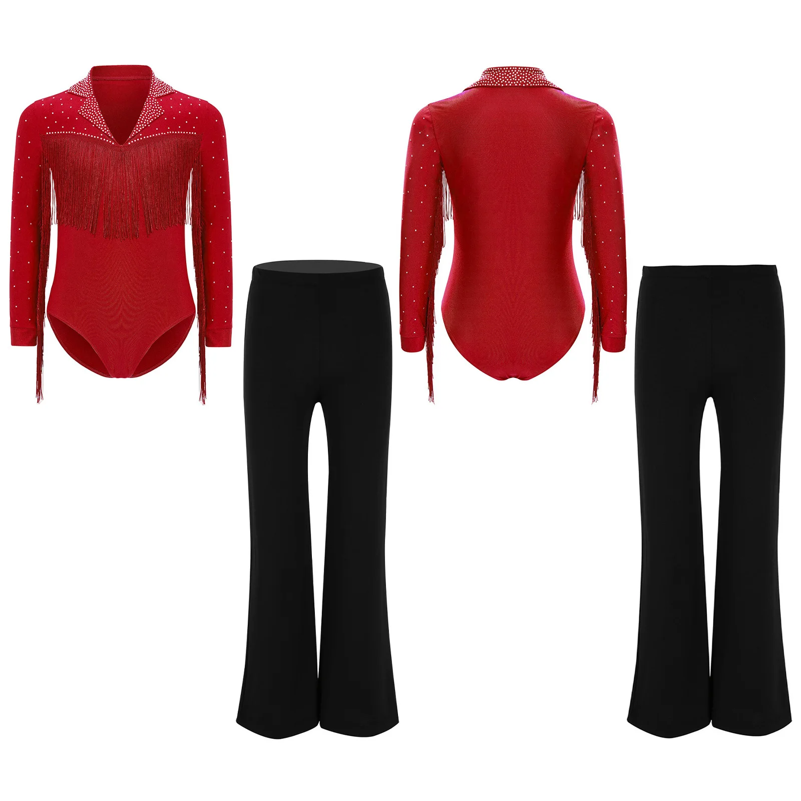 

Boys Ballroom Costume Long Sleeve Shiny Rhinestones Dancewear Tassel Leotard with Pants for Latin Dance Performance Competition
