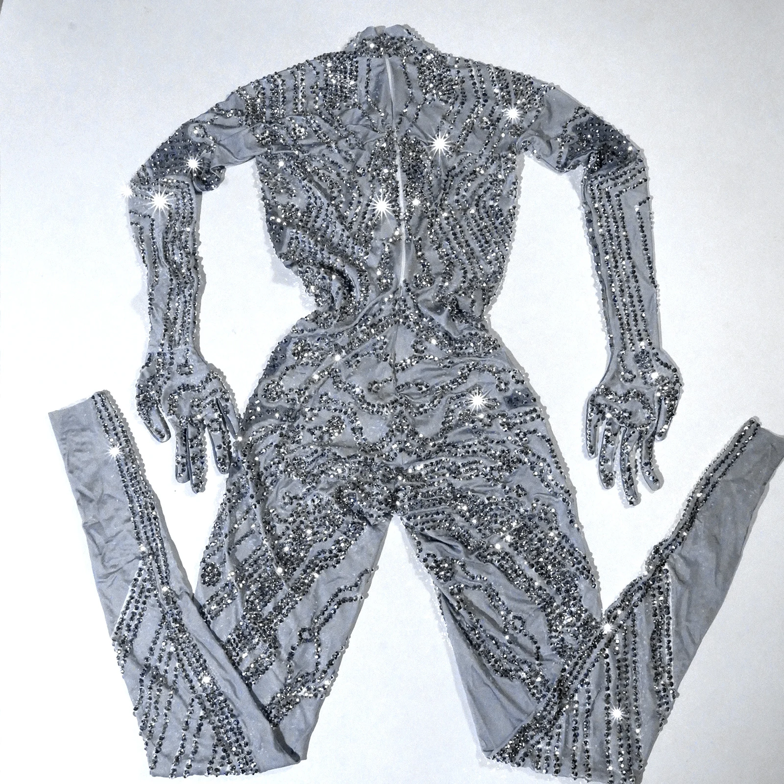 Glitter Grey Full Crystal Long Sleeve Jumpsuit Drag Costume Show Singer Performance Femme Show Girl Go Go Outfit Festival Club