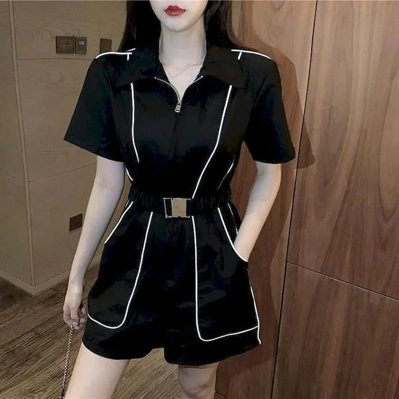 

Workwear Jumpsuits Luminous Striped Design Korean Style Summer Waistband Skinny Short-sleeved Street Sports Leisure Playsuits