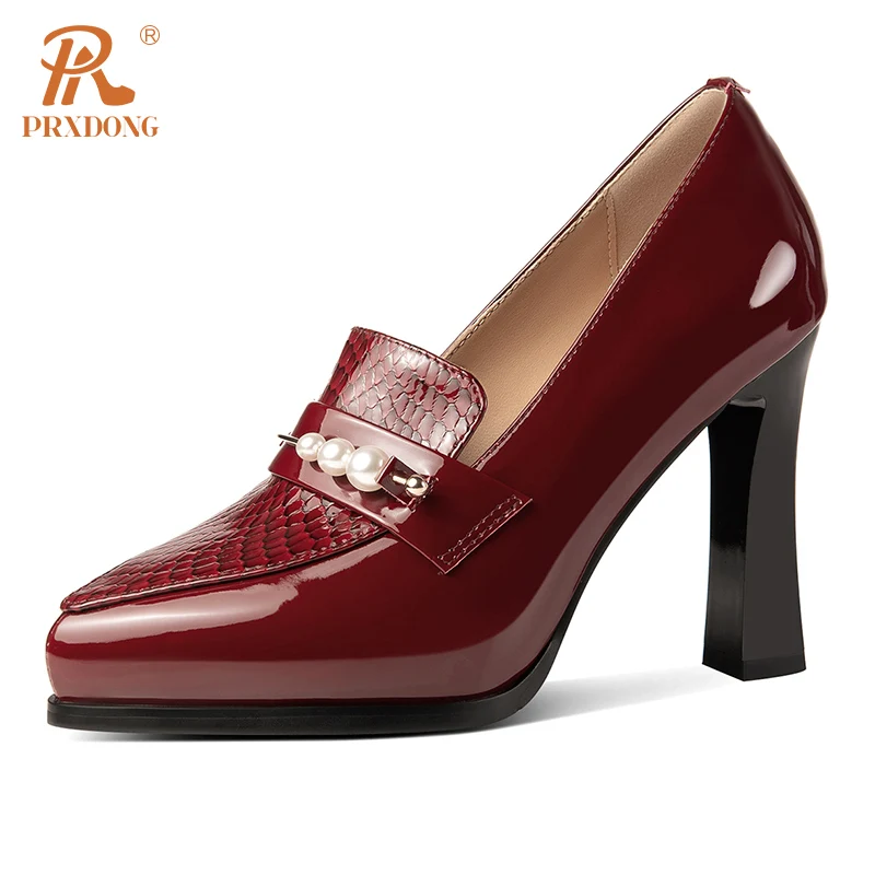 PRXDONG New Fashion Genuine Leather Shoes High Heels Platform Black Red Green Spring SUmmer Dress Party Office Lady Pumps 34-39