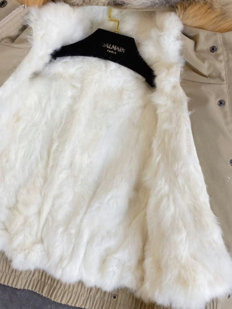 DEAT 2023 Balck Winter Women New Fur Collar Liner Real Rabbit Hair Multi Pocket Short Jacket Cotton Hooded Casual Coat RC235