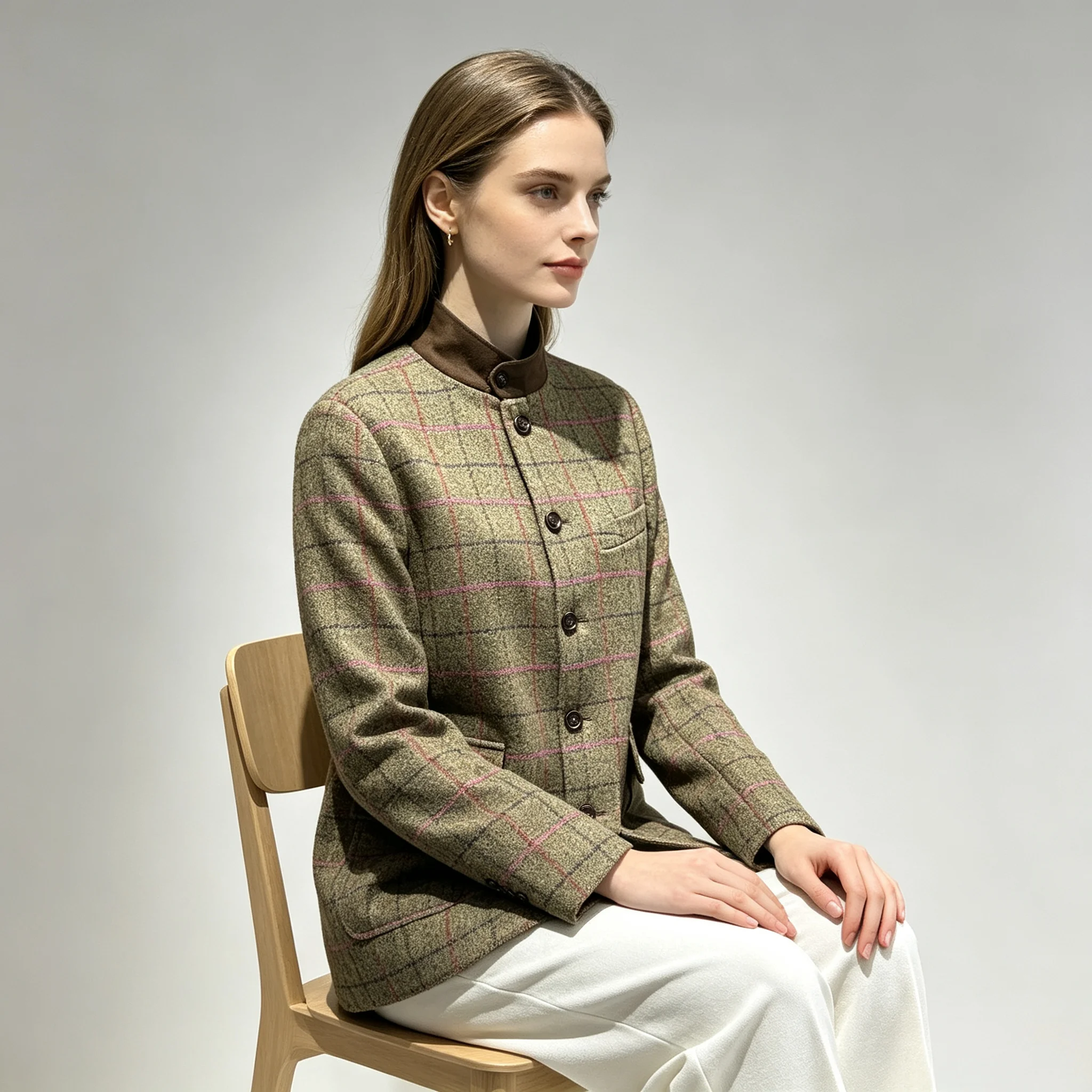 Women's 100%Wool Jacket Commute Style Slim Fit Casual High Collar Suit Simple Design Long Sleeve Button Closure  Plaid Pattern view 6