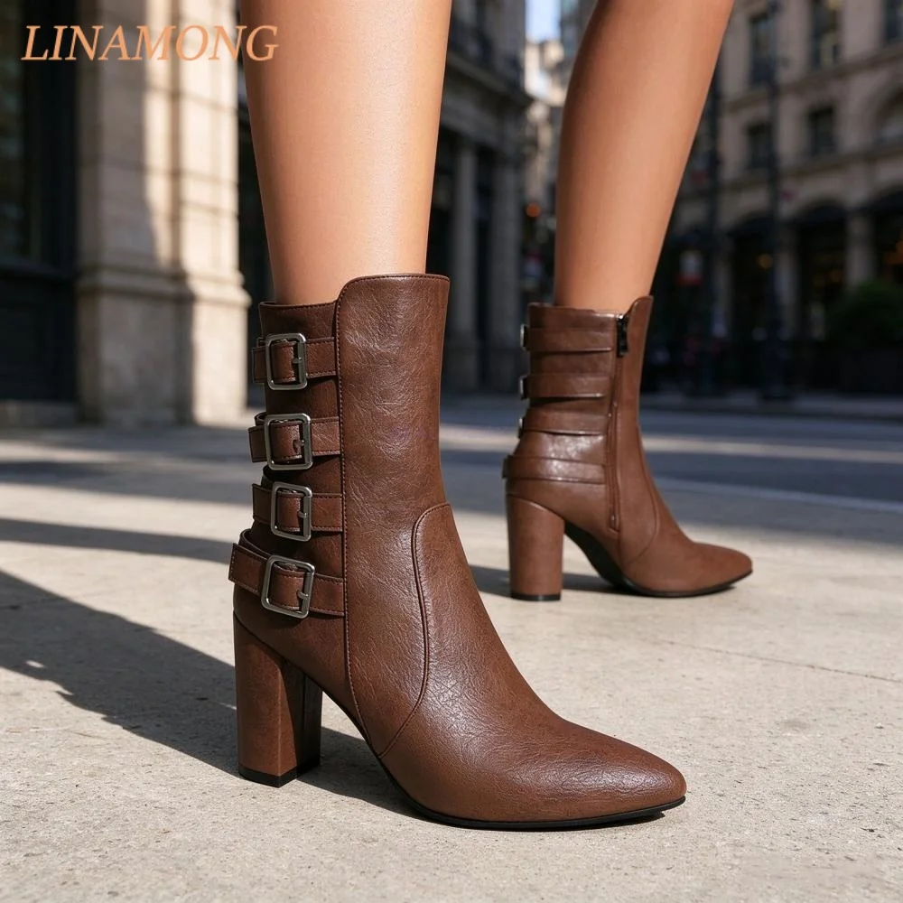 Trendy Multi Buckle Decor Women Mid Calf Booties Pointed Toe Thick Block Heel Surface Side Zip Versatile Dating Casual Boots
