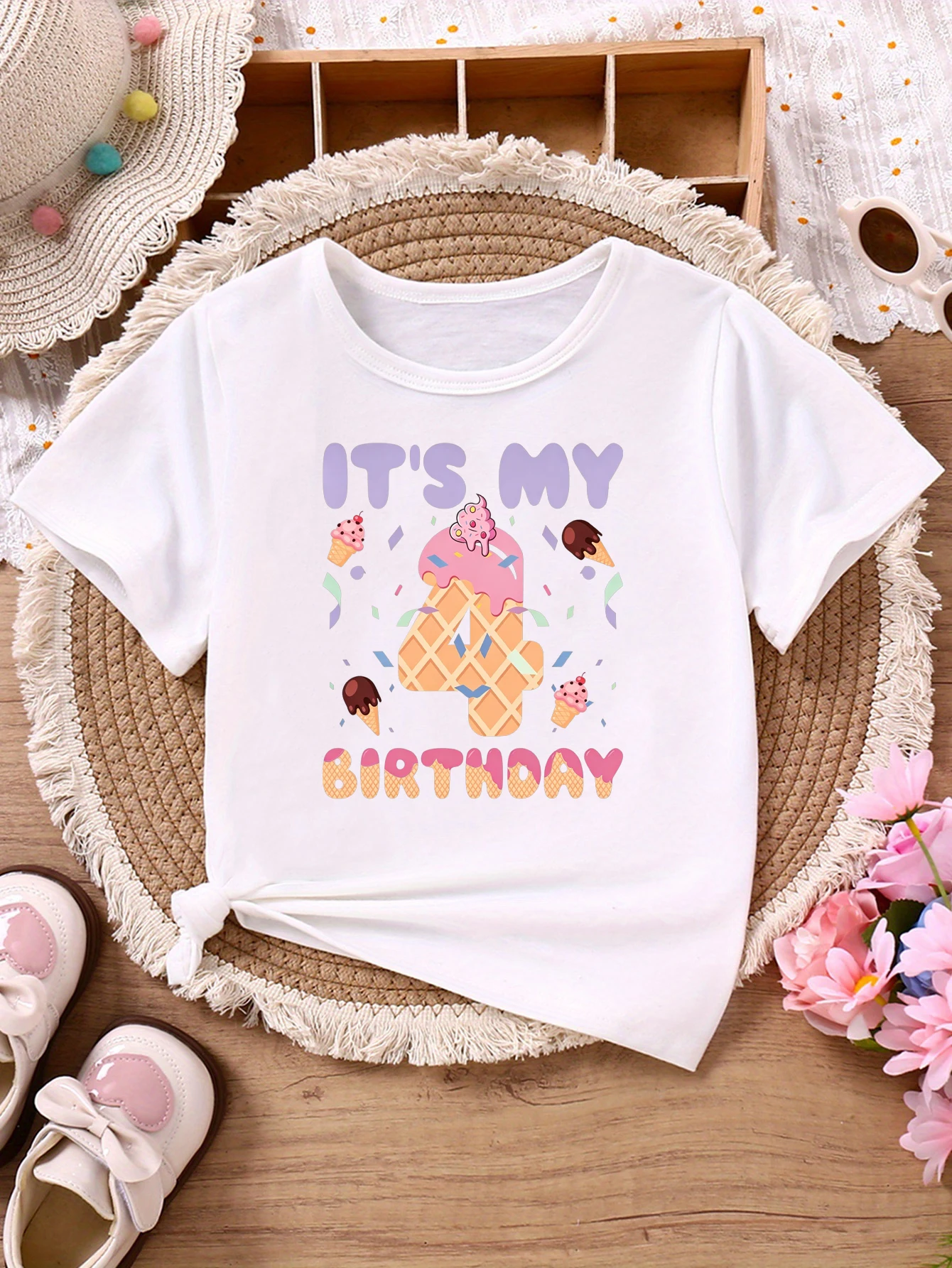 It Is My 4th Birthday Ice Cream Printed T Shirt Girls The Best Birthday Gift T-Shirt Kawaii Kids Clothes Summer T-Shirt