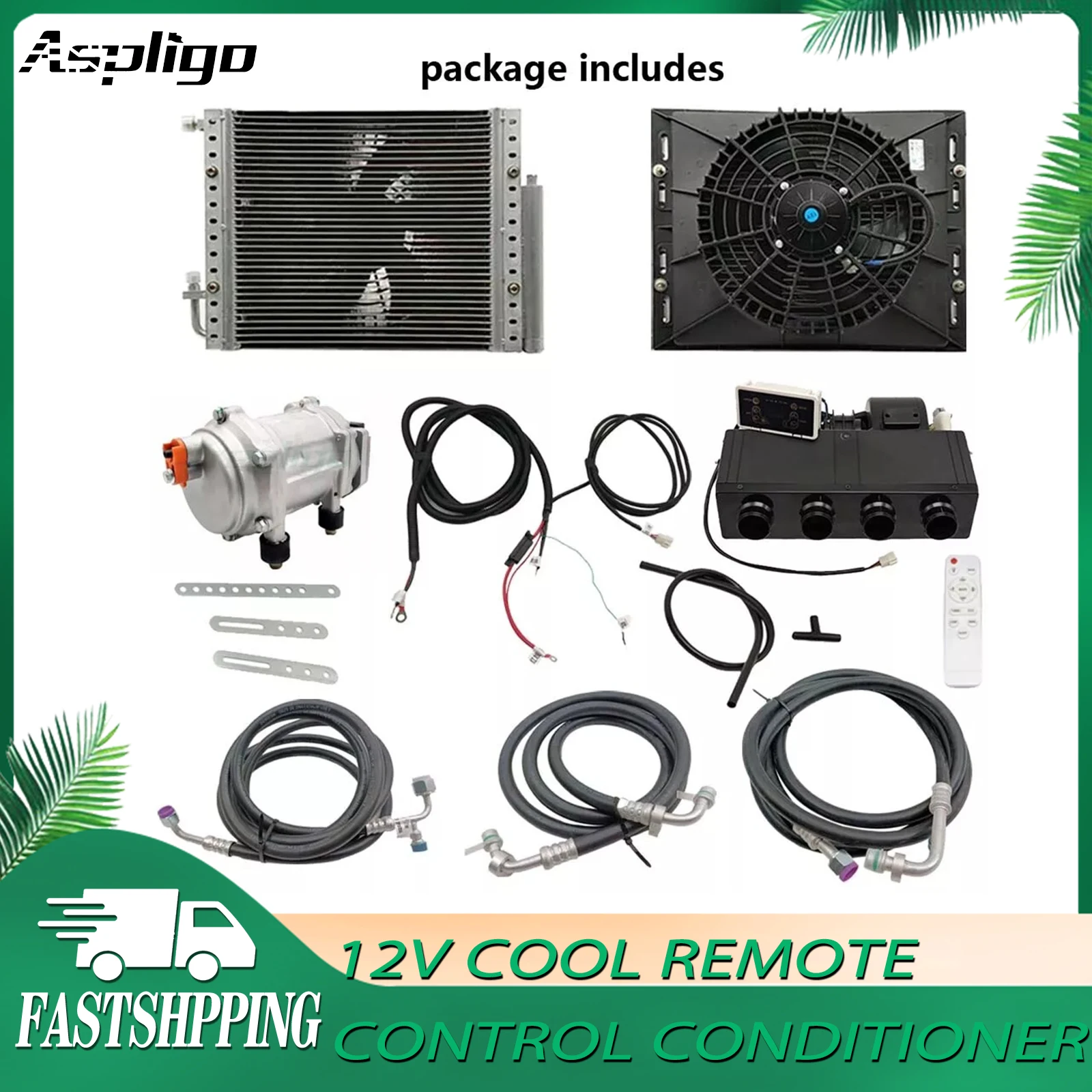 Aspligo 12V Cool Remote Control Car Electric Air Conditioner Automotive Truck Camper Van Compressor Underdash Air Conditioning