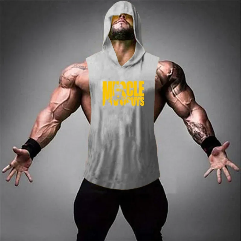 メンズノースリーブフード付きスウェットシャツ,ボディービルウェア,スポーツノースリーブtシャツ,新ブランド