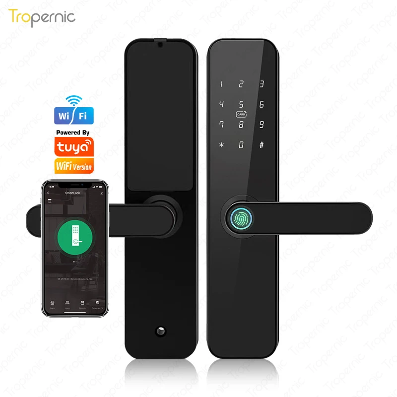 Biometric Fingerprint Door Lock F7 Black Smart Lock Tuya App WIFI or BlE Remote Unlocking Keyless Lock Electronic Door Lock