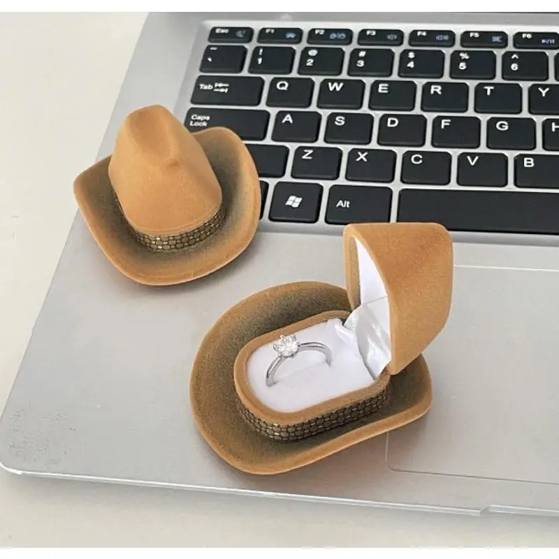 Cowboy Hat Shaped Velvet Ring Box Creative Jewelry Storage Display Case Wedding Bride Ring Packaging Gift Box
