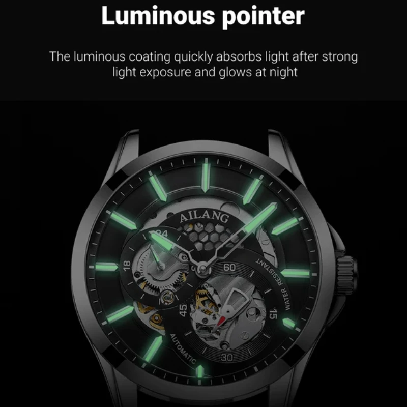 AILANG AL-8629B-2 Luxury Men Automatic Mechanical Watch, Skeleton Hollow Dial with Luminous Hands, Waterproof Fashion Wristwatch