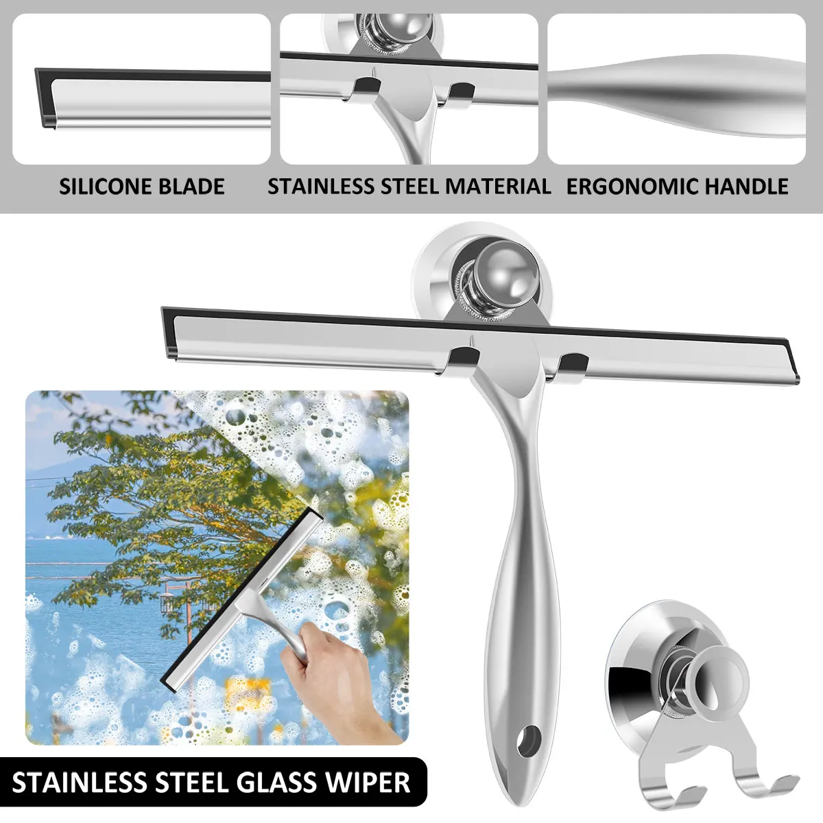 Shower Squeegee Stainless Steel Window Squeegee with Suction Cup Multi-Purpose Shower Wiper Bathroom Tile Cleaning athroom 1PC