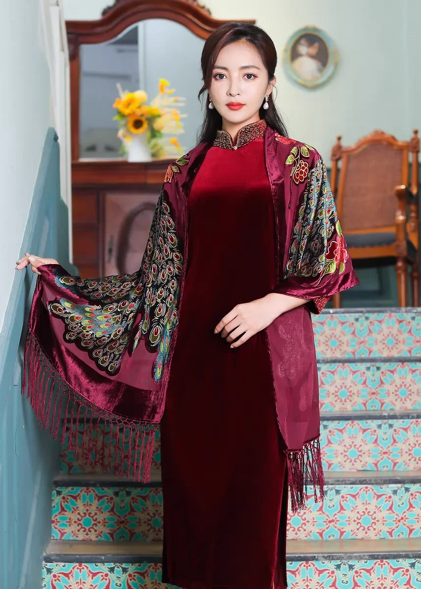 Gray Handmade Beaded Embroidery Shawl Scarf Chinese Style Women Velvet Silk Scarves Peacock Flower Wrap Tassels Bufanda NP058