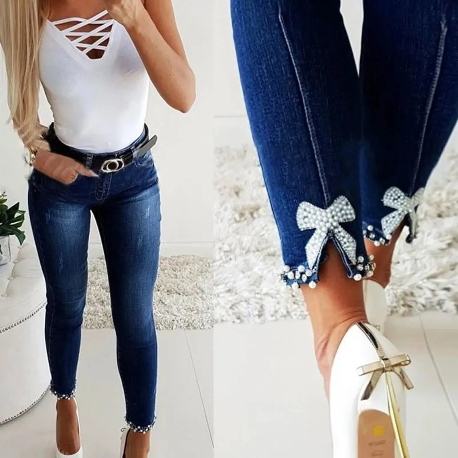 Jeans de bolso relaxado, feminina, calça jeans elástica, bolsos elegantes, calça de emagrecimento sexy, verão, nova, 2024