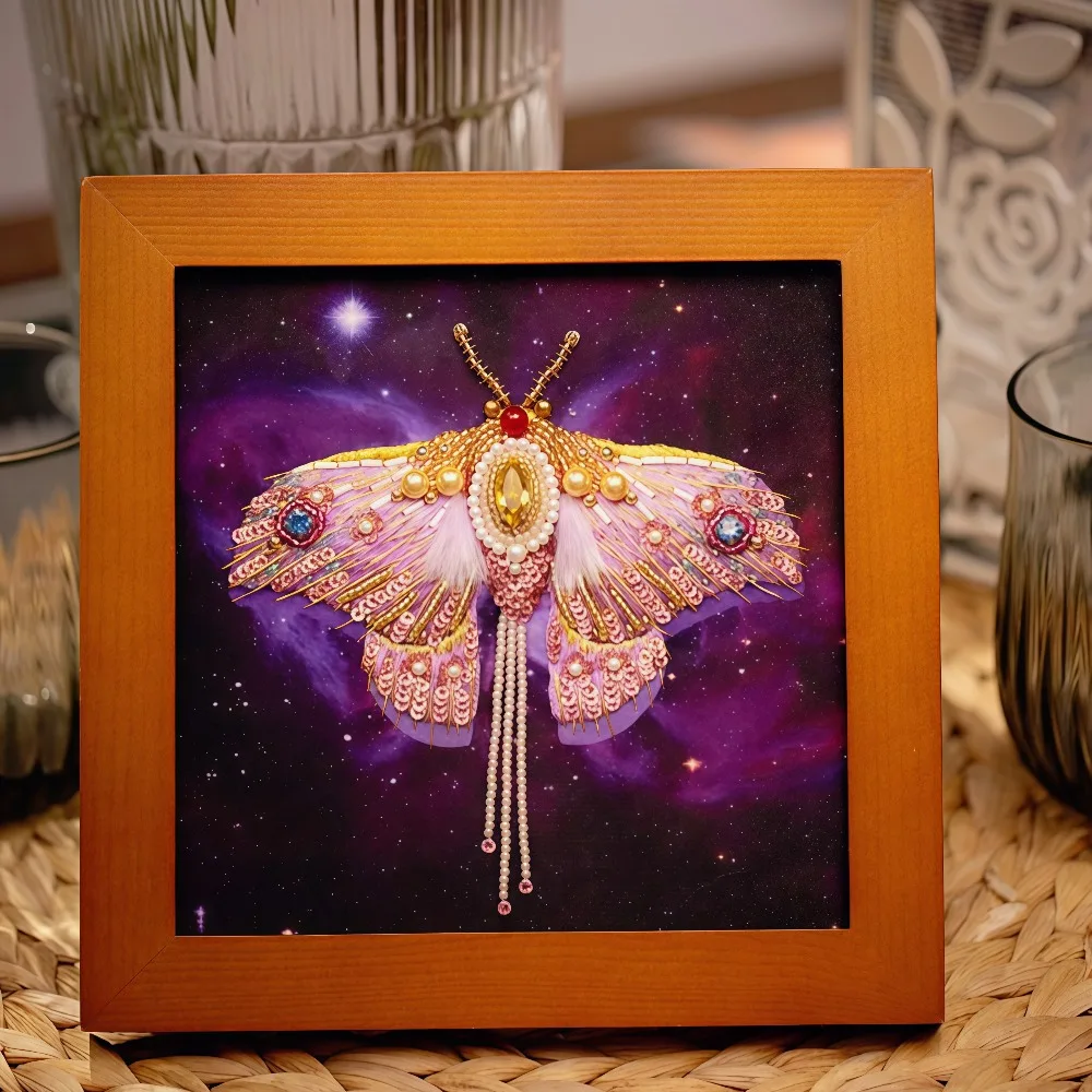 3D Stereoscopic Starry Night Moth Bead Embroidery DIY Kit, Containing English Step-by-Step Diagrams + Video Tutorials. It Is a B