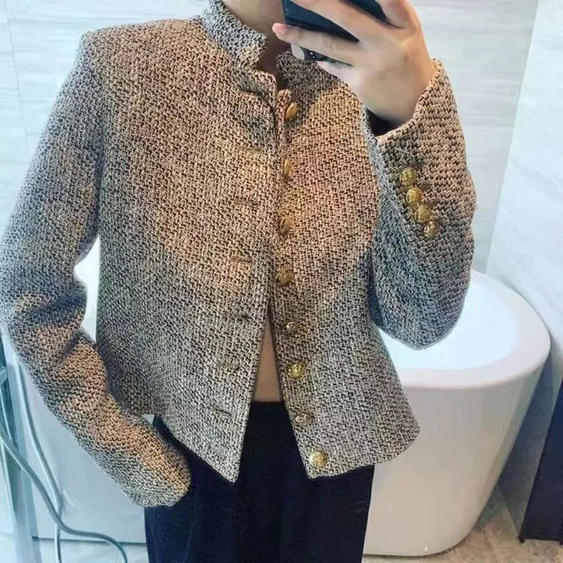 Lucyever Vintage Stand-Up Collar Tweed Jacket Woman Korean Single-Breasted Jackets for Women Autumn Winter Long Sleeve Outwear