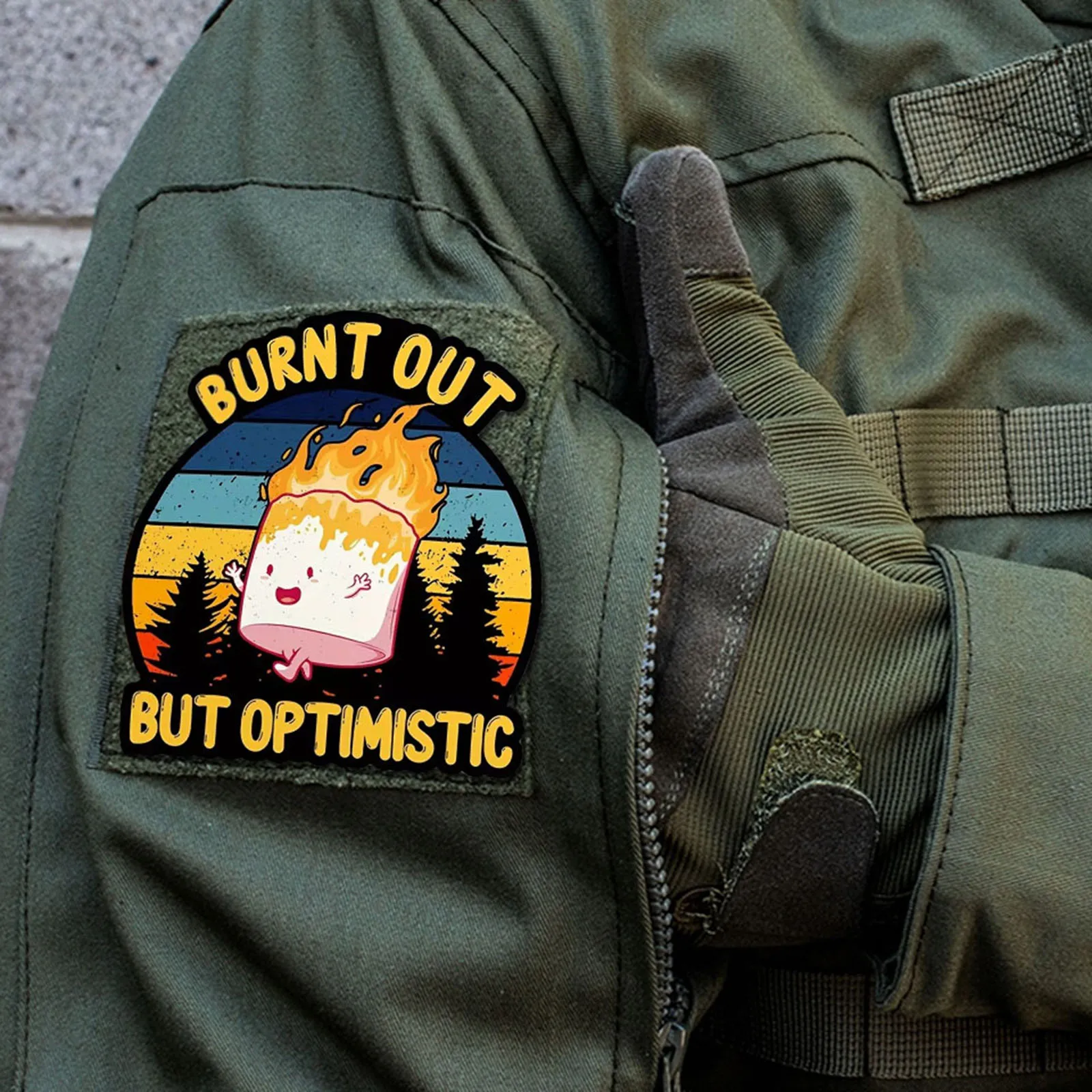 Burnt Out But Optimistic Tactical Patches Funny Hook&Loop Patch Military Army Morale Badge Armband Backpack Stickers