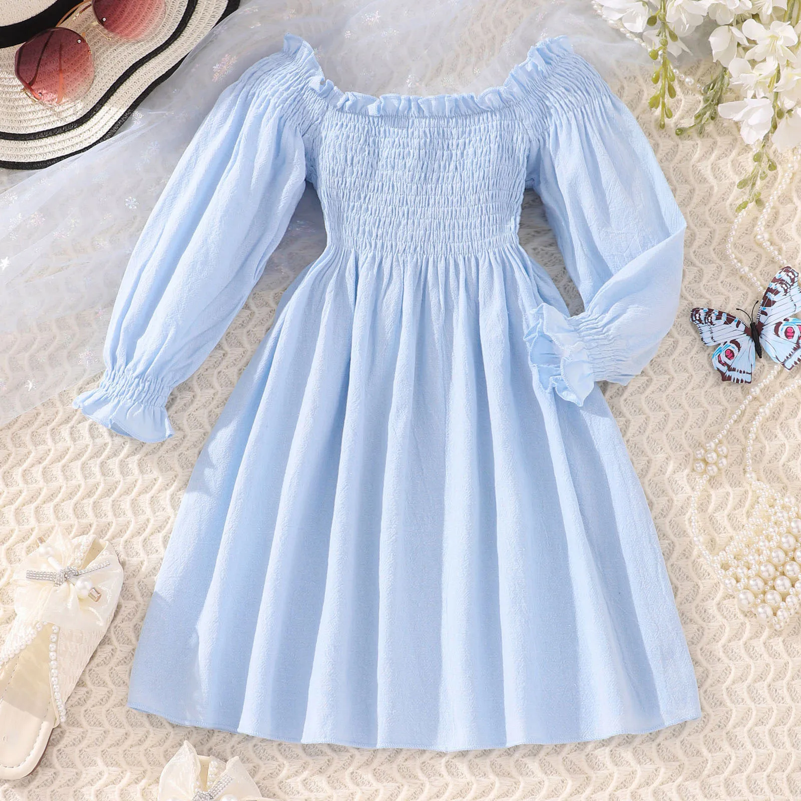 2 3 4 5 6 7 Years Old Toddler Girls Long Sleeve Solid Color Princess Dress Pleated Dance Party Dresses Children Clothes Autumn