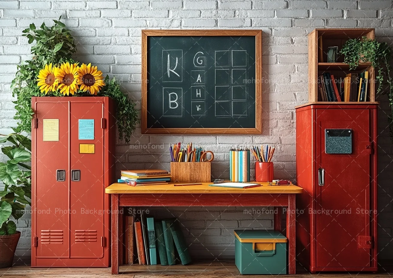 Mehofond 写真撮影背景 新学期 レッドアイアン収納キャビネット 木製テーブルチェア キッズファミリーポートレート背景装飾