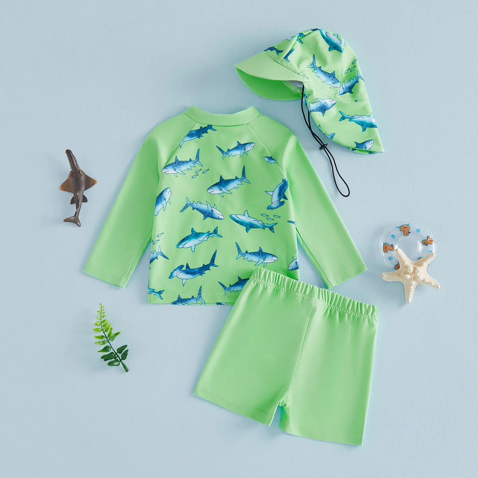 3-Piece Shark Print Toddler Boys Swimsuit Set 3