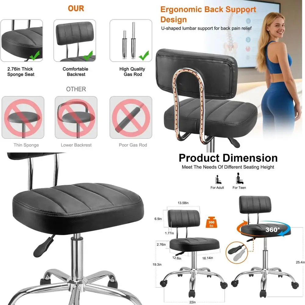 

Офисный письменный стул с колесиками, табурет на колесиках с регулируемой высотой спинки, поворотный табурет с поясничной опорой с низкой спинкой, квадратный