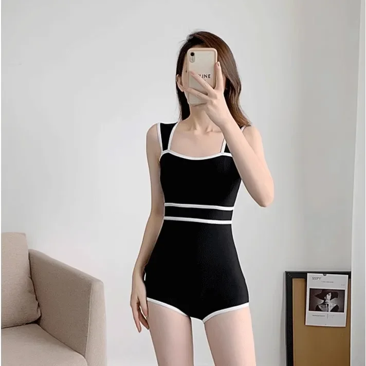 

Консервативный черный цельный треугольный купальник для женщин, горячий источник, подходящий для похудения, закрывающий живот, высококачественный купальник