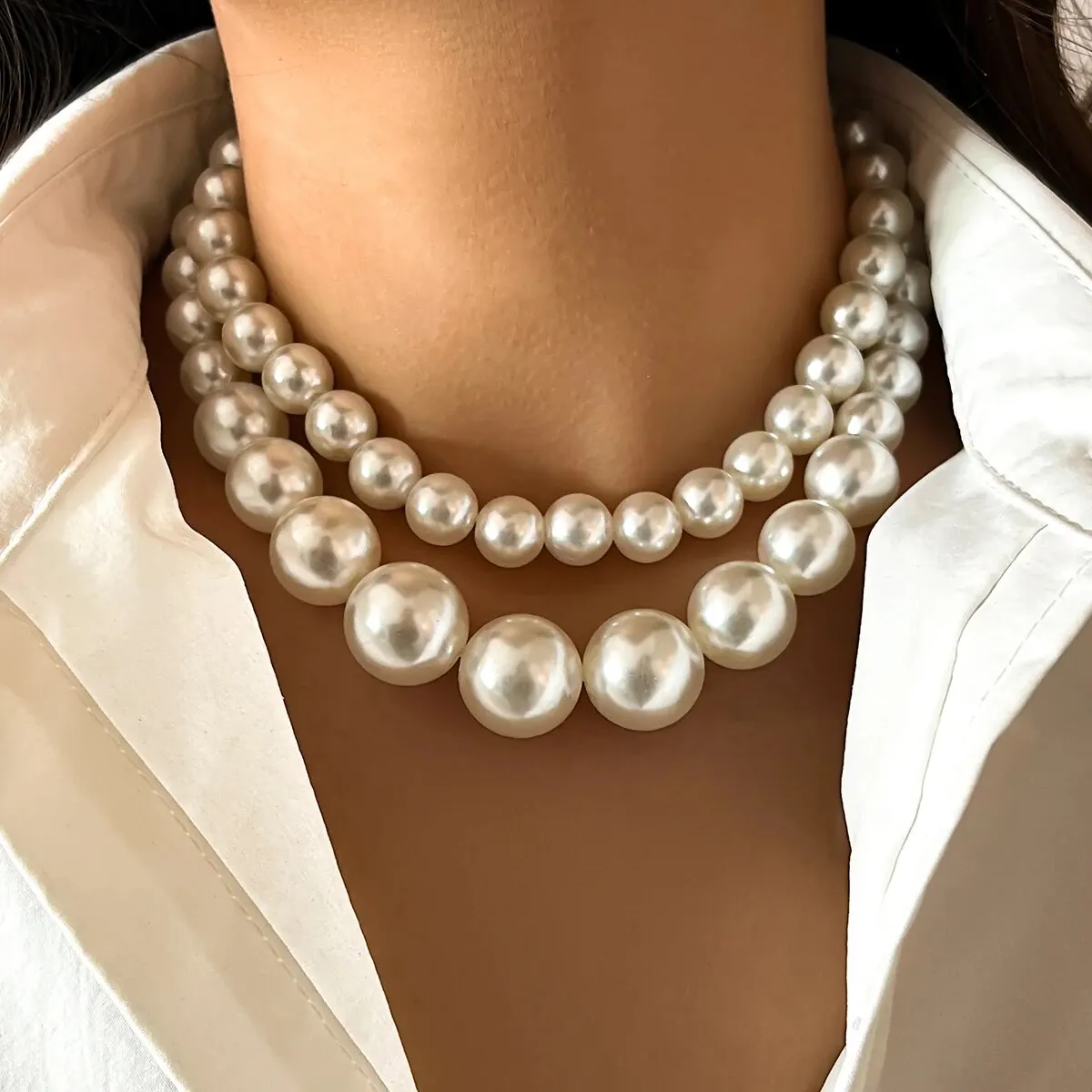 2Pcs/Set Exaggerated Big Imitation Pearl Clavicle Chain Necklace for Women Wed Bridal Goth Beads Choker Grunge Jewelry Steampunk