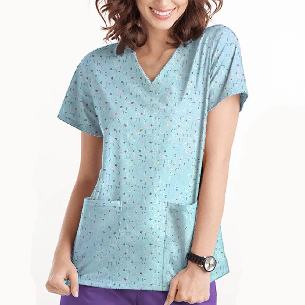 عيادة الحيوانات الأليفة الطبيب البيطري زي العمل النساء ممرضة الملحقات الحيوان المطبوعة مستشفى طبيب التمريض تي شيرت الدعك الطبية الملابس القمم #3