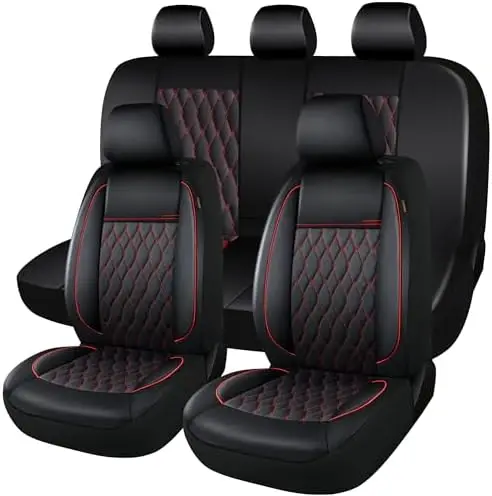 

CAROMOP Faux Leather Car Seat Covers - Universal Fit, Airbag Compatible, 5-Seat Black/Red