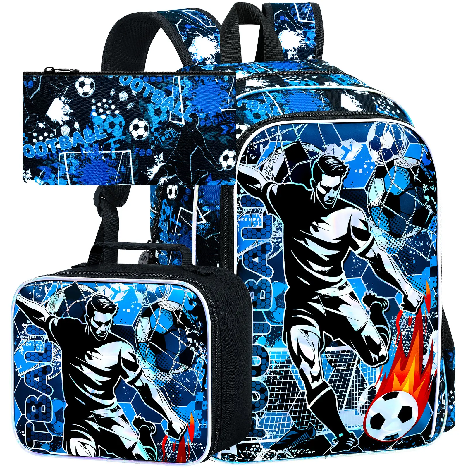 

3Pcs Soccer Backpack for Boys, 17" Kids School Bookbag with Lunch Box, Football Backpacks Set for Elementary
