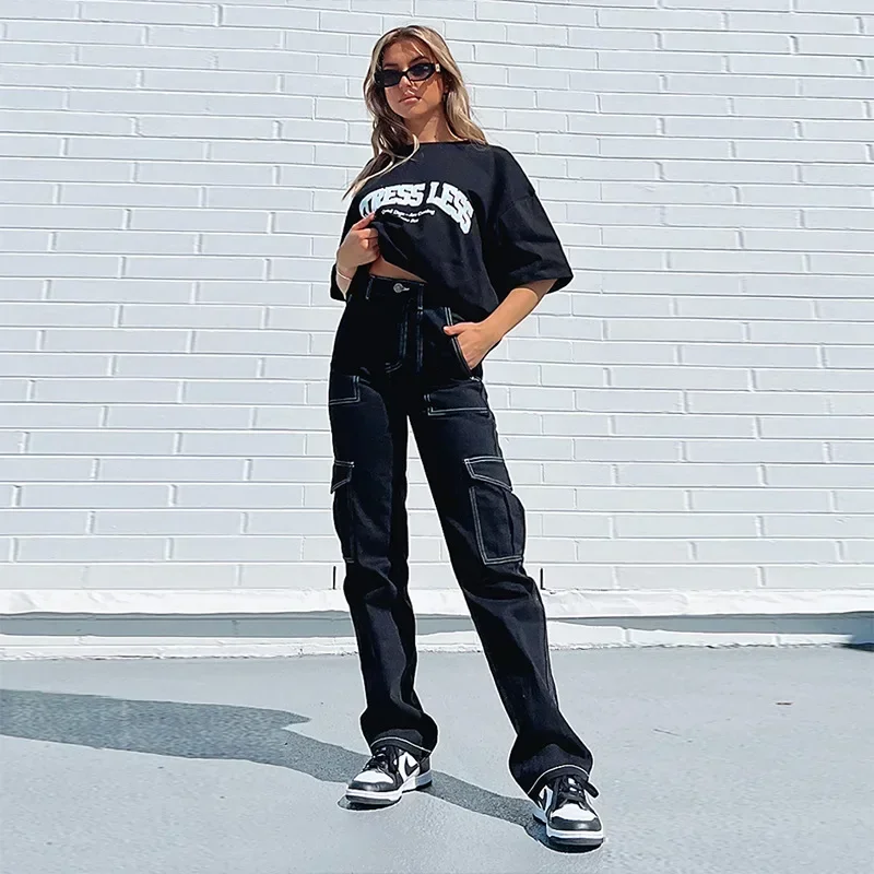 Women Jeans High Waist Pencil Pants Zipper Fly Washing Slim Fit Denim Pockets High Street Spring 2025 Slight Strech Cargo
