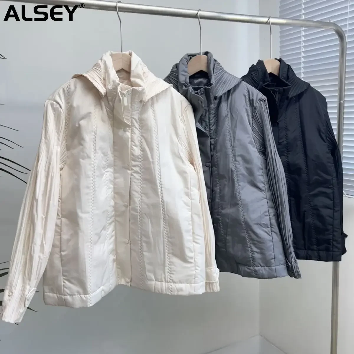 ALSEY Miyake Pleated Cotton Women\'s long sleeve top Fall and Winter New Elegant Korean Style Light weight Zipper Jacket Women