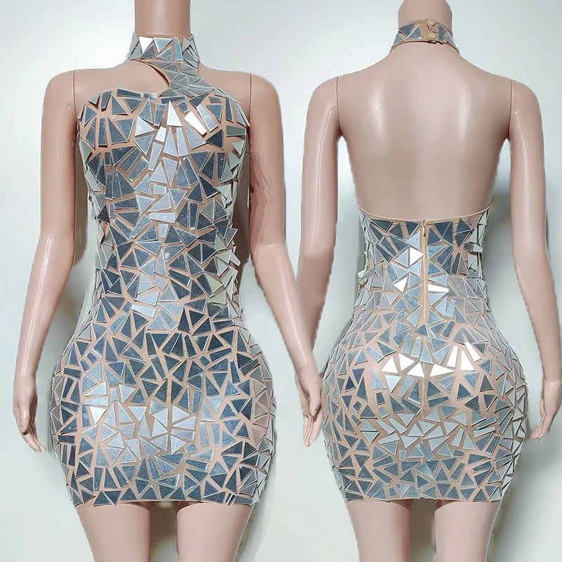 

Silver Mirror Stage Costume Sexy Halter Short Dresses Ds Singer Performance Clothing Nightclub Party Show Rave Outfit VDL3965