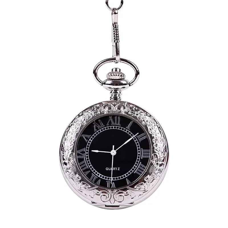 Retro Trend Silver Perspective Glass Roman Open Black Digital Pocket Watch with Chain Men's and Women's Accessories