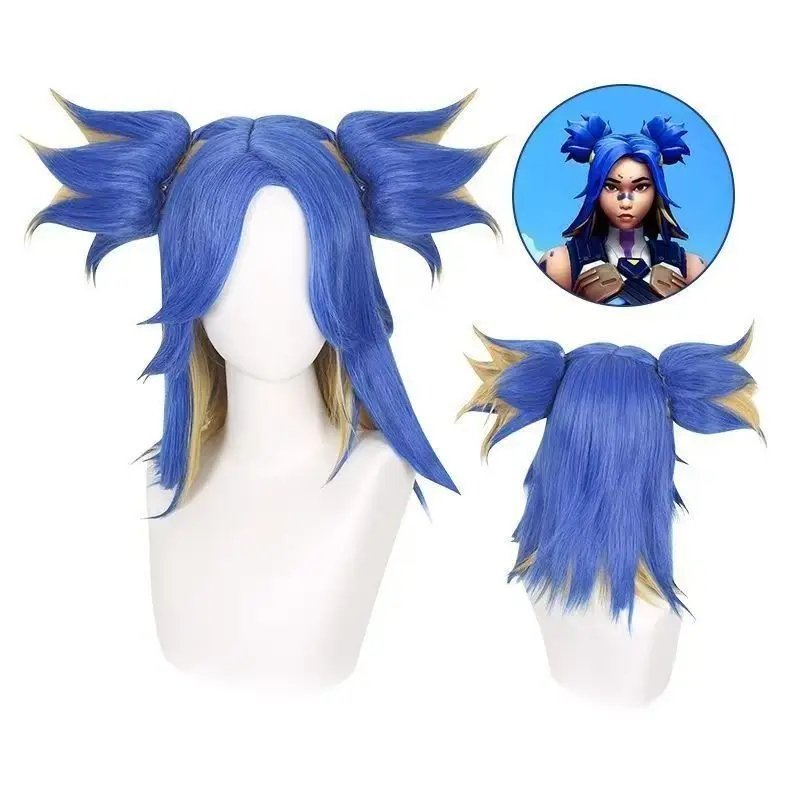 ヴァロラントネオンコスプレウィッグ青黄色グラデーションダブルフラワーポニーテール耐熱人工毛ハロウィンパーティー用