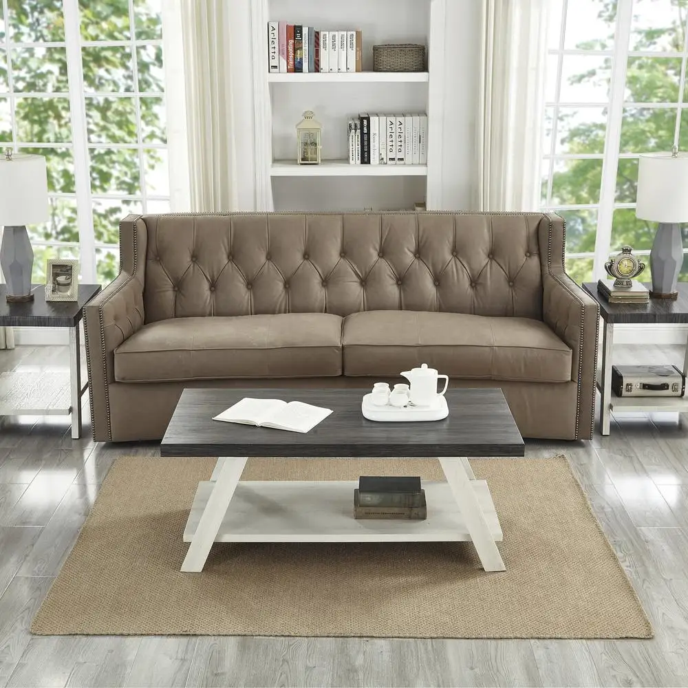 

Современный журнальный столик из 3 предметов с деревянной полкой Athens, набор из состаренного угля, бежевого, прямоугольной формы, полки с разработанными ножками для гостиной