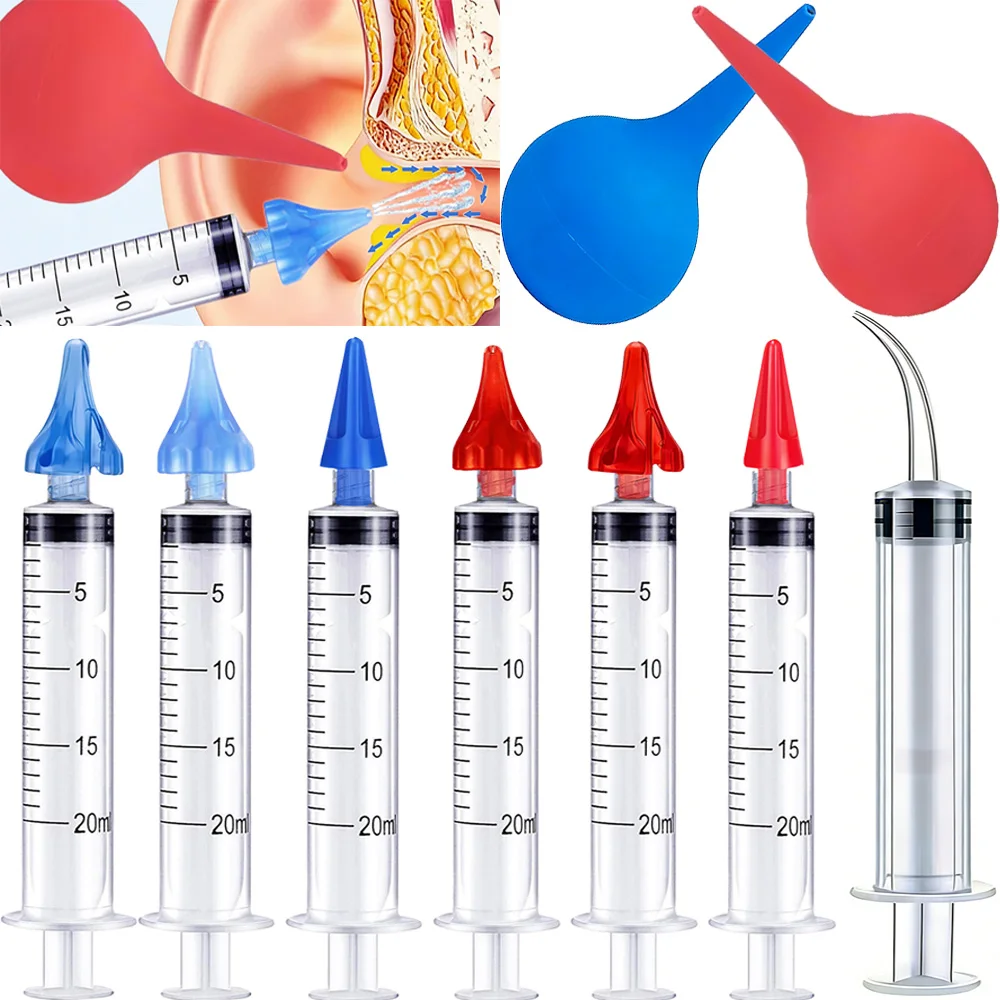 5-Piece Ear Irrigator Set for Removing Earwax, Cleaning Water Rinse Set, Includes Five Nozzles, Three Nozzles, One Nozzle, Ear Cleaning Bulb, Curved Syringe, 20ml Syringe, Improves Hearing Clarity and Ear Cleaning