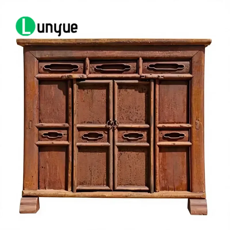 Chinese Traditional Elm Cabinet Handmade Antique Red Paint Home Storage Furniture Solid Wood Vintage Style Living Room