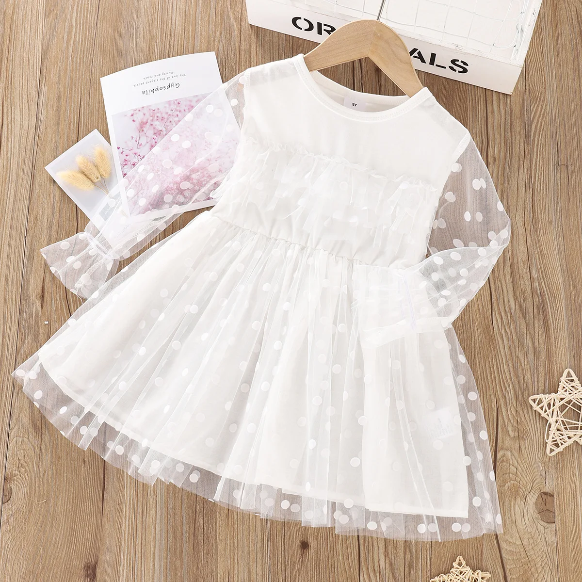 Spring and Autumn New Small and Medium Girls Baby Dot Lace Long sleeved Solid Princess Dress