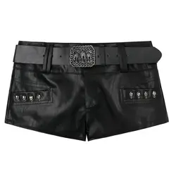 New Women Pu Leather Shorts Y2k Nightclub Low Waist Hip Wrap Rivet Super Shorts Boots Black Shorts