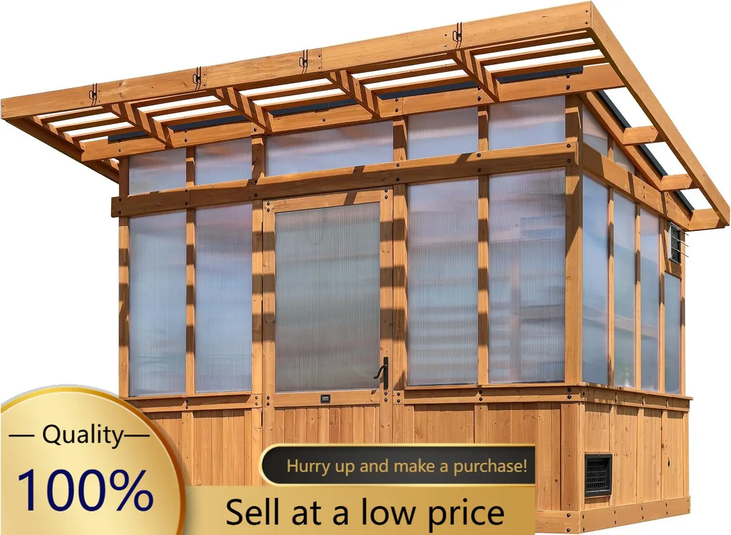 Poppy 11' x 7' Cedar Wood and Polycarbonate Walk-In Greenhouse Kit with Exhaust Fan, Windows, Hose Hook-Ups, PowerPort, Staging