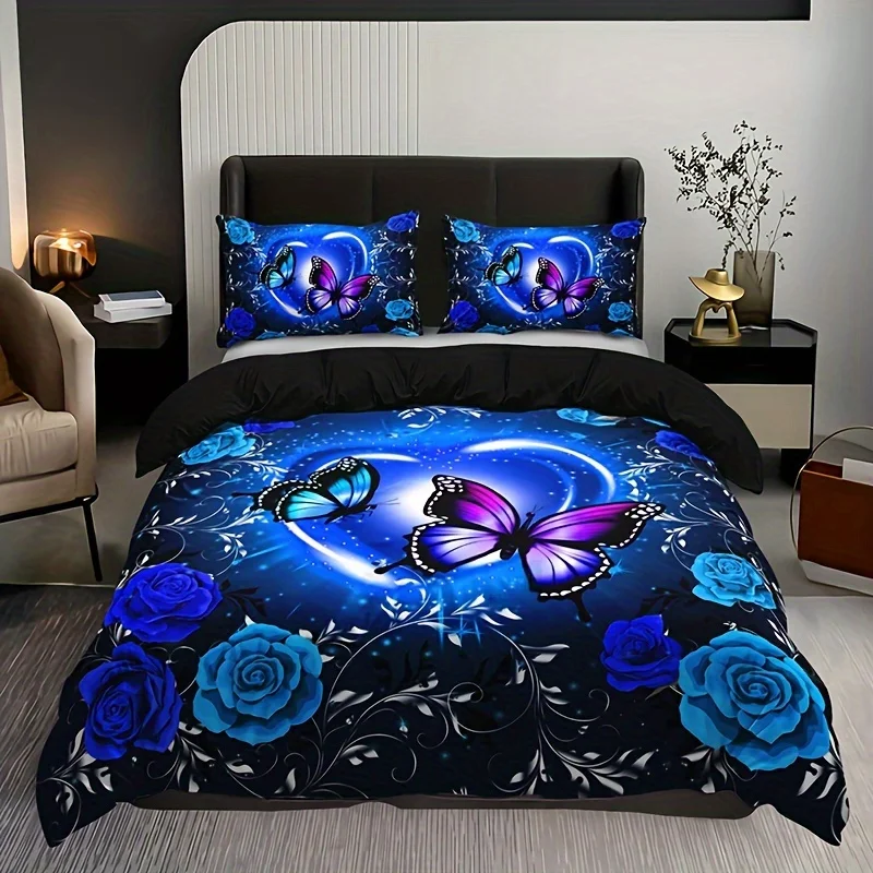 

Blue Butterfly Floral Heart Duvet Cover Set - Includes 1 Duvet Cover and 2 Pillowcases Breathable Cotton Machine Washable