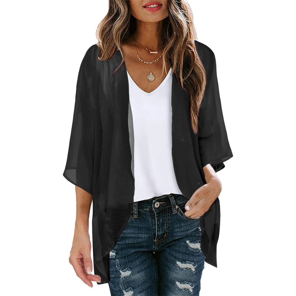 Women\'S Solid Elegant Puff Sleeve Chiffon Blouse Cardigan Loose Beach Cover Up Casual Long Sleeve Tops Summer Oversize Thin Tops