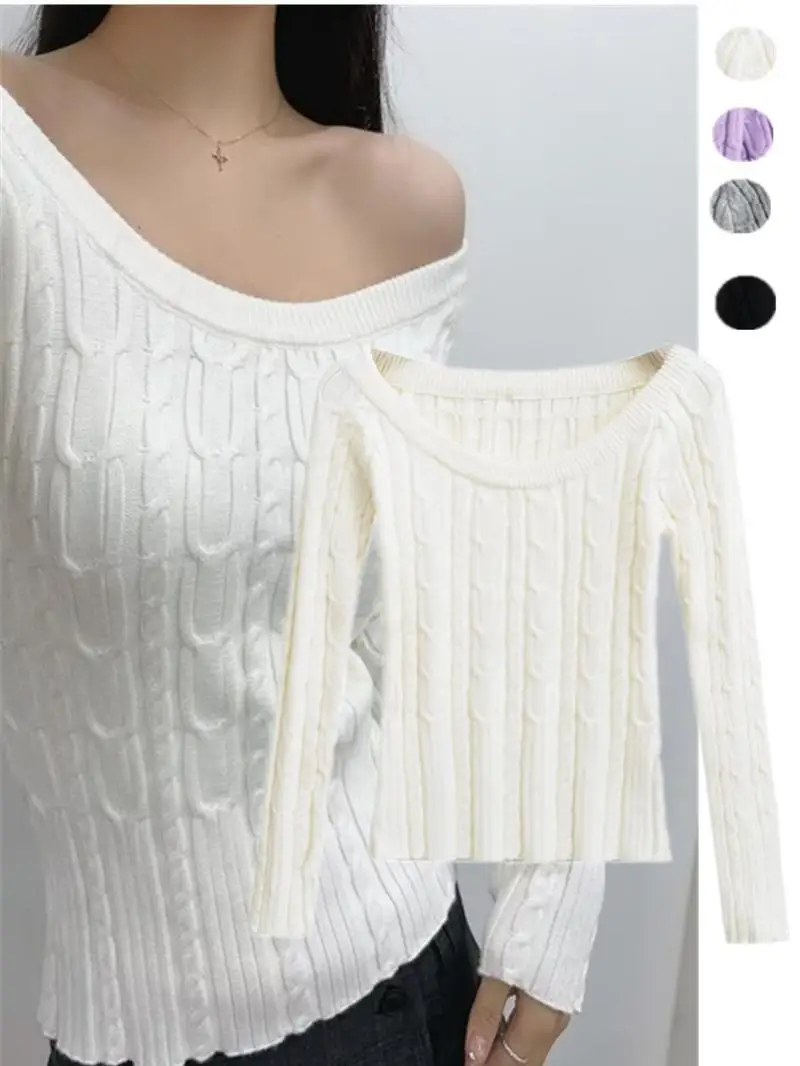 

Sexy Retro Knitted Sweater oulder Bared Twist Pure Color Slim Fit Street Sle Long Sve ort Length Casual Faionable