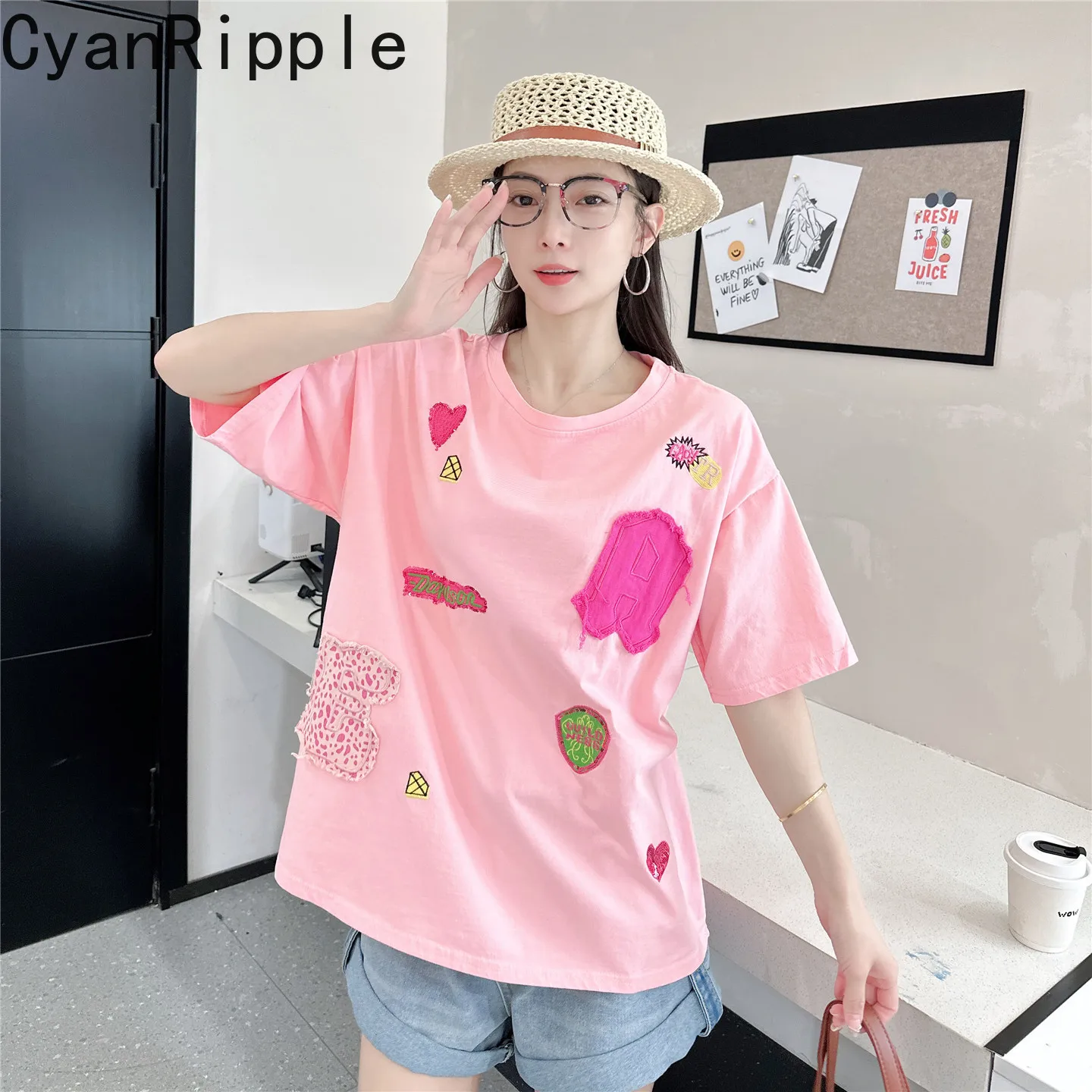 High Street Age Reduction Pink Short Sleeve T-shirt American Retro Patch Embroidery Round Neck Pullover Top Women's Cotton Tees