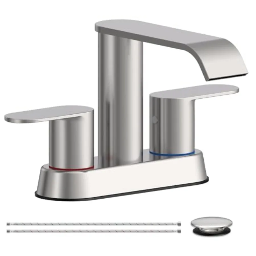 

Waterfall Bathroom Sink Faucet Two Handle Stainless Steel Modern Bathroom Faucets with Pop up Drain Supply Hose for Vanity RV 2
