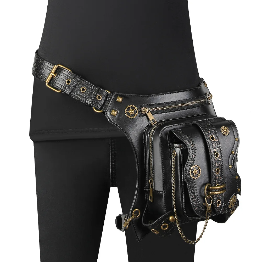 Unisex Medieval Leather Rivet Drop Leg Bag Gothic Waist Bag Fanny Pack Leather Steampunk Crossbody Shoulder Bags Viking Knight