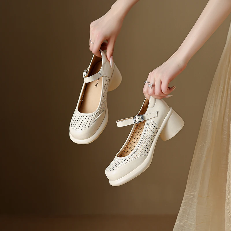 

Women's sandals sheepskin hollow-out breathable slip-on Mary Jane pumps 5cm round heel platform high heeled daily dress shoes
