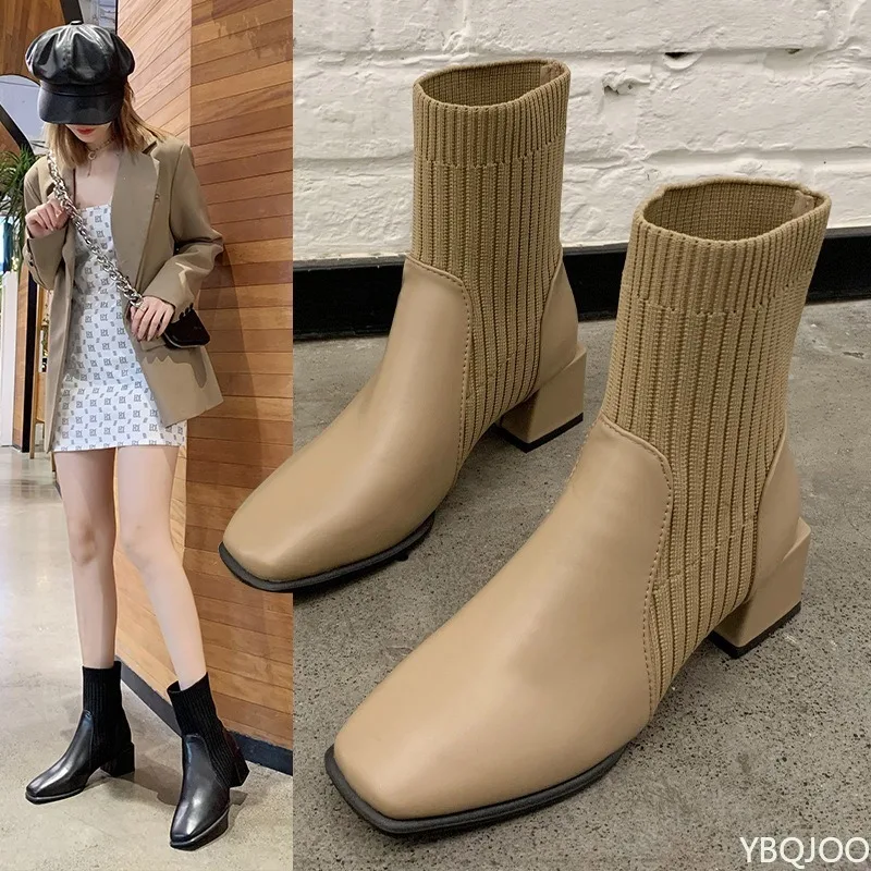 Nuevos estilos de Otoño Invierno con tacones medios gruesos, botas cortas con punta cuadrada para mujer, botas de punto, botas individuales simples y cómodas