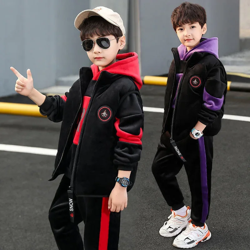 Winter Boys Warm Fleece Lined Zip Waistcoat+Sweatshirt+Sweatpant Sets School Kids 3PCS Tracksuit Children Workout Outfit 5-14Yrs