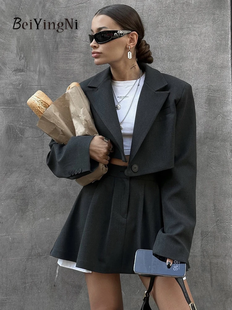 

Beiyingni Suit Short Skirt + Suits 2 Piece Sets Women 2025 New Style Y2K Cropped Top Mini Skirts Set Female Elegant Black Outfit