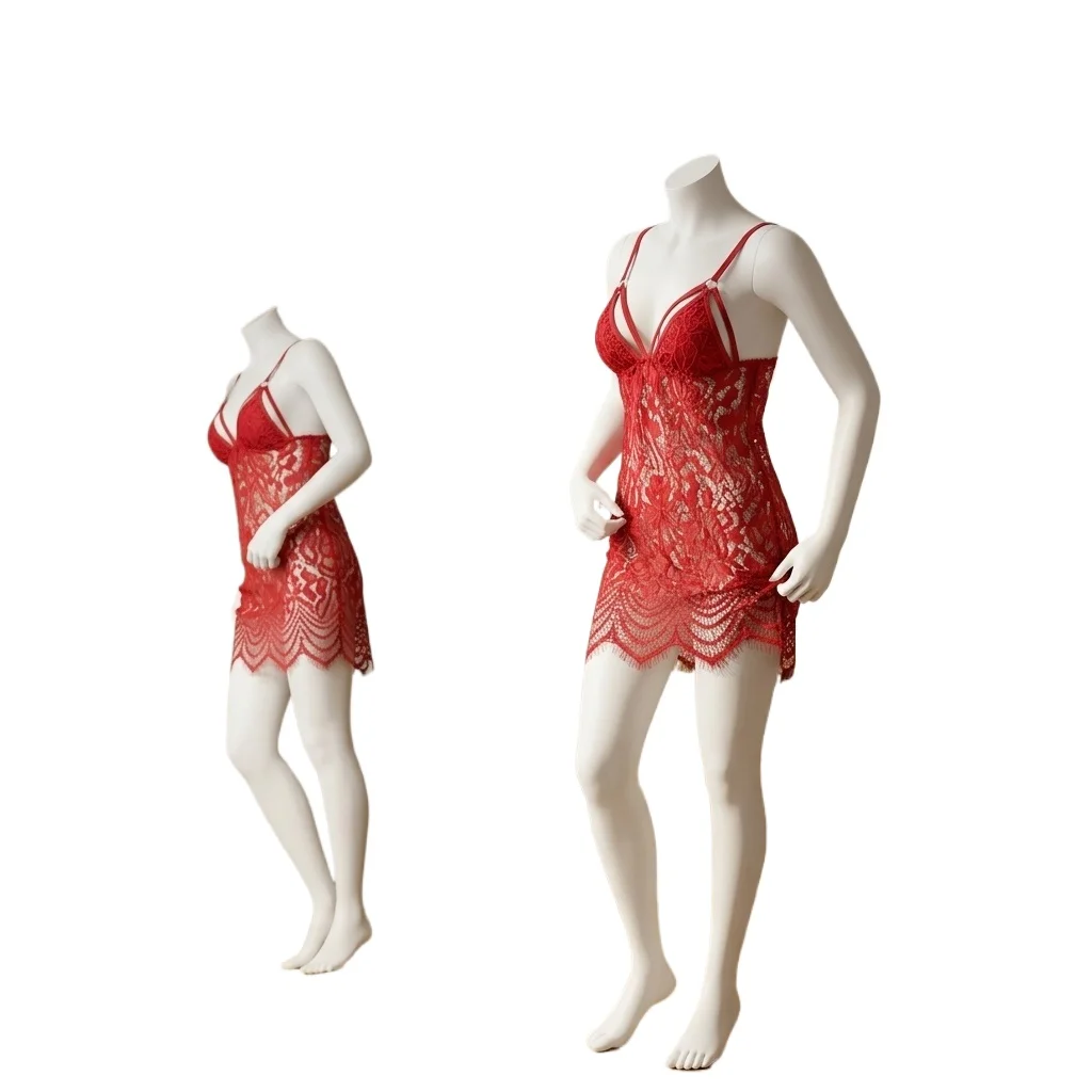 Women's  Lace Nightdress V-Neck Adjustable Spaghetti Strap Sheer Lingerie Eyelash Hem Sleepwear for Valentine's Day Honeymoon